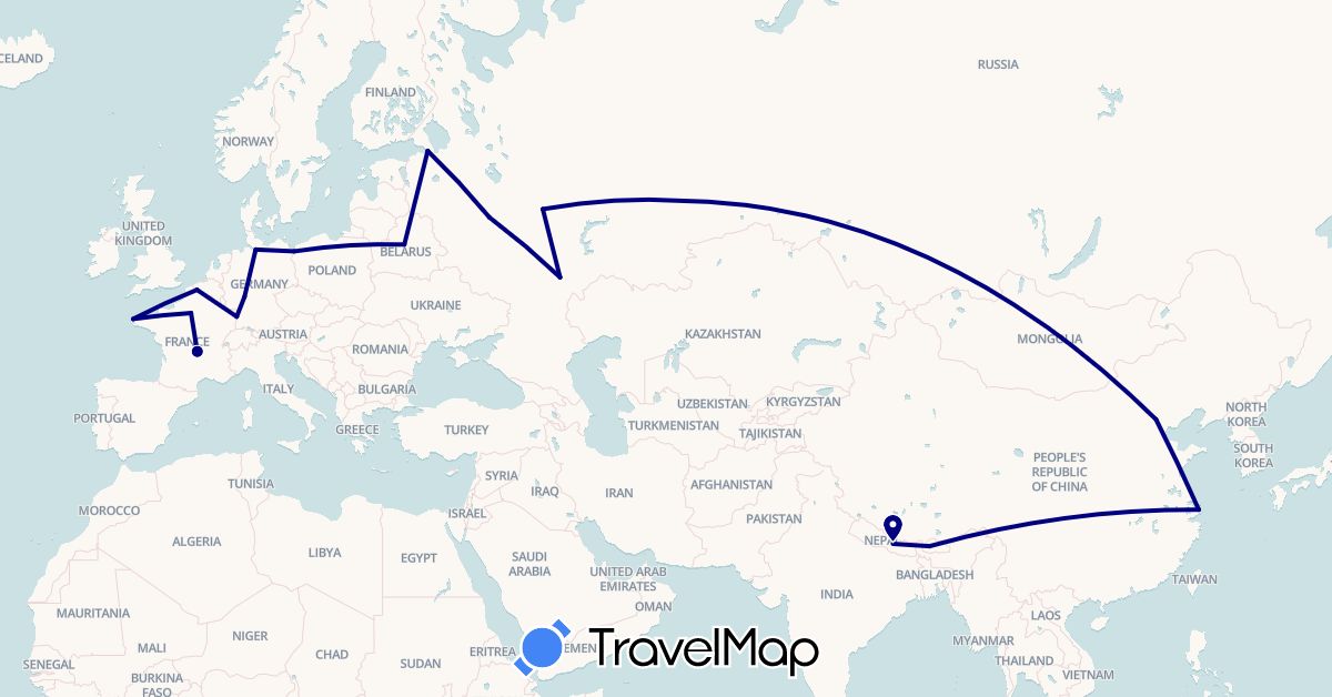 TravelMap itinerary: driving in Bhutan, Belarus, China, Germany, France, Nepal, Poland, Russia (Asia, Europe)